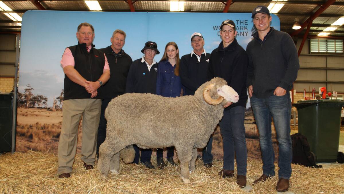 The House family, Barloo stud, Gnowangerup, sold the top-priced Merino ram for the season when this ram sold for $13,000 to the Kolindale stud, Dudinin, at the WA Sheep Expo & Ram Sale in August. With the ram were Barloo stud classer and Elders stud stock representative Russell McKay (left), Barloo stud principal Richard House, Arthur Major, Marian Lewis and Matthew Ledwith, Kolindale stud and Fraser and Timm House, Barloo stud.