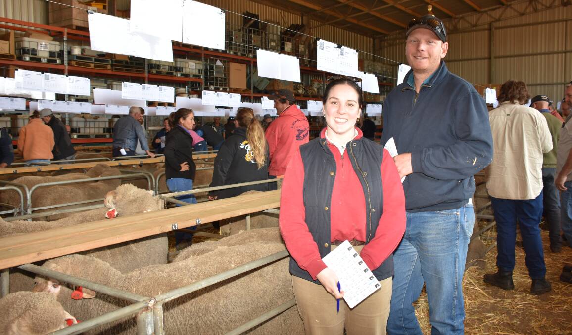 Return buyers Kelsey Batista and Tom Mathwin, MJ & L Mathwin, Kojonup, secured 11 rams during the sale at an average of $1027 and to a top of $1200.