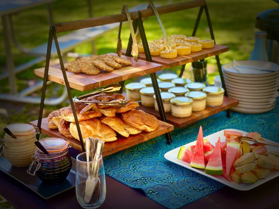 The outback morning tea menu includes: Kununurra lime cheesecake, wild passionfruit muffins, chia seed Anzac biscuits, croissants served with wild hibiscus jam and Kimberley honey, seasonal Ord River Valley fruit, freshly squeezed juice, lemon myrtle bush tea and wattle seed infused coffee.
