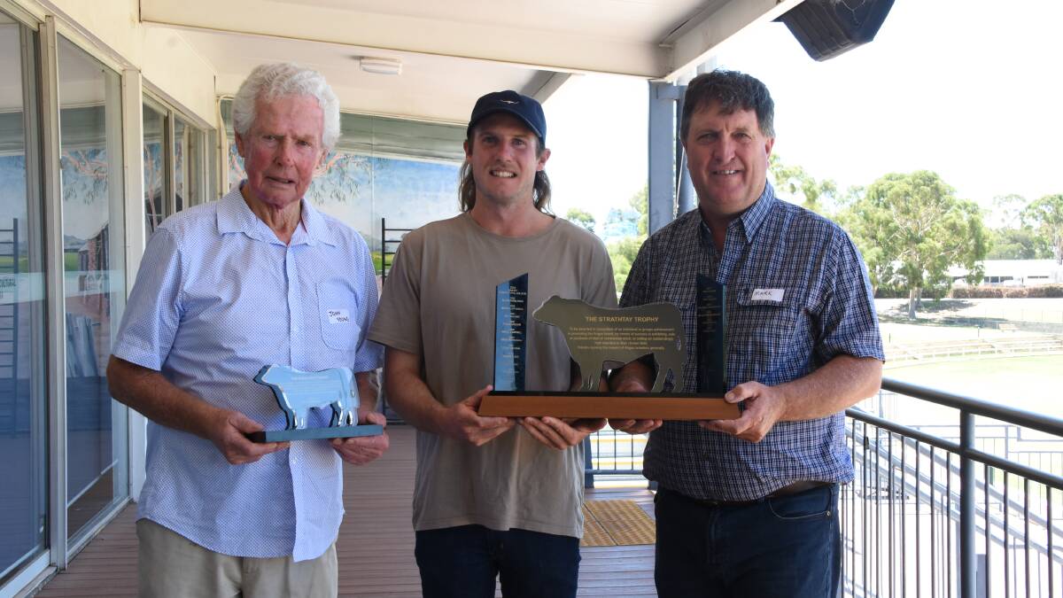  The Edwards family, Plain Grazing Company, Beermullah, was announced the 2024 Strathtay Trophy winner at the WA Angus Society annual general meeting last week in Perth. Former Strathtay principal John Young (left), Narrogin, presented the trophy to Chase Edwards alongside WA Angus Society chairperson Mark Muir, Mordallup stud, Manjimup.