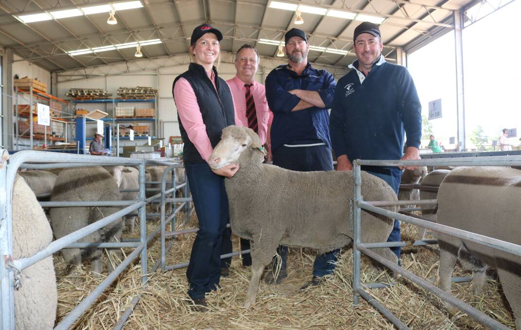 Pictured with the top-priced Prime SAMM sold at the on-property Ashbourne stud ram sale at Katanning were Elders livestock trainee Clare Grainger (left), Elders auctioneer Roger Fris, buyer Chris Rhodes, Rhodes Pastoral, Boyup Brook and Ashbourne stud principal Simon Kerin, Katanning.