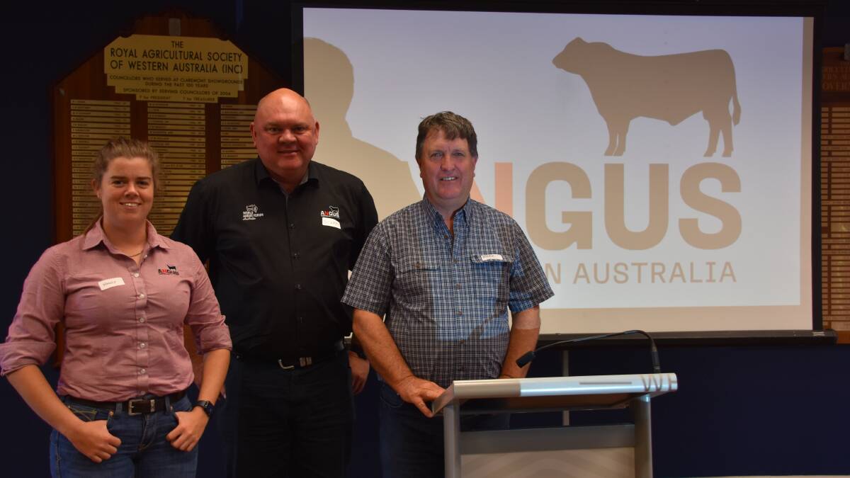 Along with holding its annual general meeting last week the WA Angus Society also held an Angus Australia Workshop. Travelling across for the workshop from the Angus Australia head office were Angus Australia extension officer Nancy Crawshaw, who spoke about genomic testing and importance of future Breedplan use and Angus Australia CEO Scott Wright, who gave a general overview of Angus Australia operations and future directions. With Ms Crawshaw and Mr Wright at the workshop got underway was WA Angus Society chairperson Mark Muir. Other speakers during the afternoon included SPIRD veterinary officer Anna Erickson, Harvest Road chief operating officer Ben Dwyer and Zoetis representative Jarvis Polglaze.