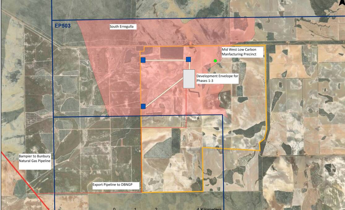 Strike Energys accelerated gas production plans at its South Erregulla project (pink shading) at Arrowsmith East, with the proposed gas plant in the middle (grey rectangle) with a pipeline connecting it to the Dampier to Bunbury Natural Gas Pipeline (diagonal red line bottom left) about six kilometres away. The Mid West Low Carbon Manufacturing Precinct is proposed to be located to the right of the gas plant.