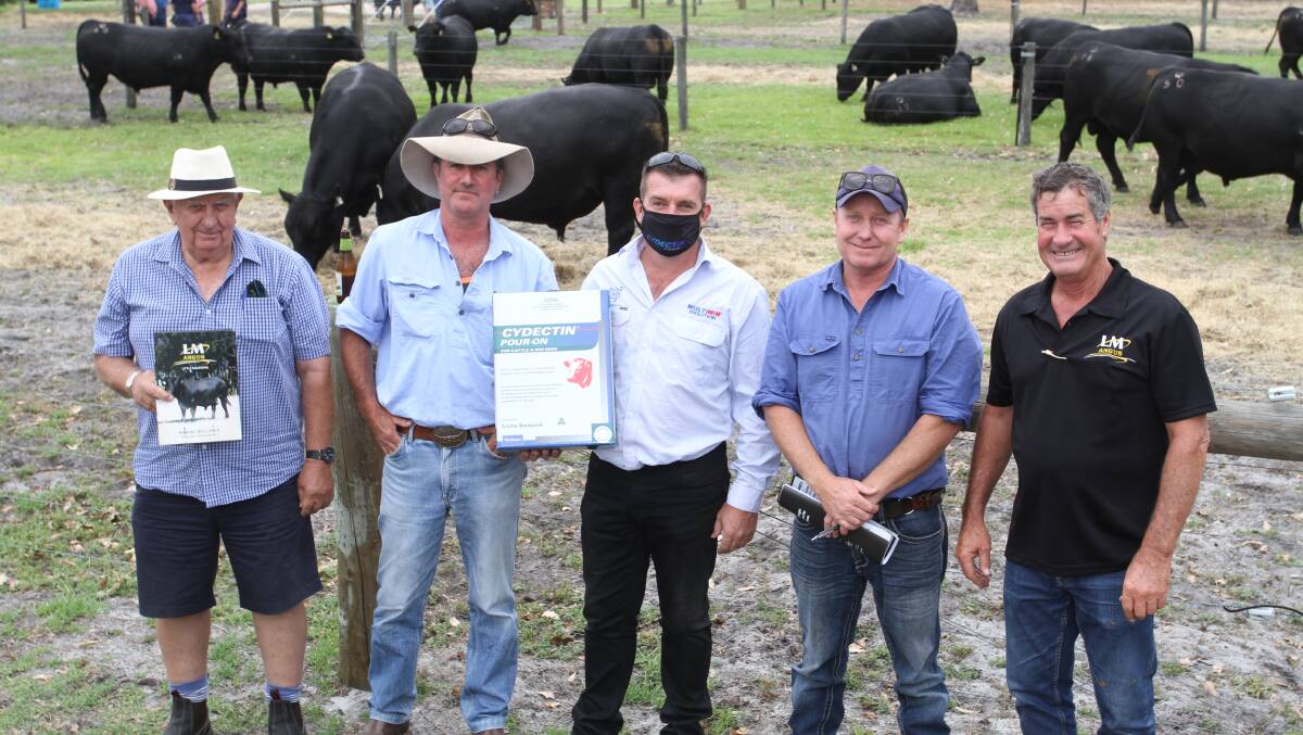 Volume buyer sponsor Darren Hendry (centre), Virbac Australia, with volume buyers of four bulls each Richard Farris (left) and Justin Bell, Farris Family Trust, Busselton and Peter Hough, 5PH Grazing, Esperance and Little Meadows Angus stud principal Tony Golding, Dardanup.