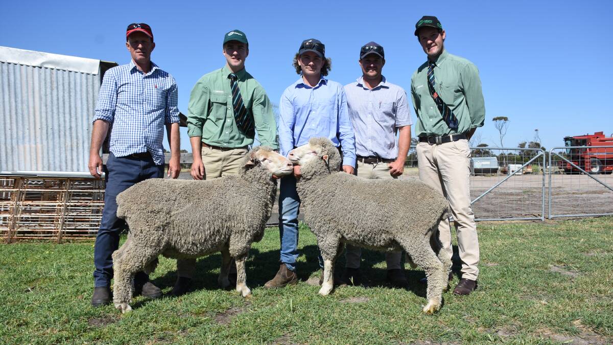 With the $12,500 top-priced ram (left) and $10,000 second top-priced ram purchased by the Page family, KJ & RJ Page, Pingelly, at last week's Moojepin Merinos on-property ram sale at Katanning were Moojepin co-principal David Thompson (left), Landmark trainee Sam Bowen, Brock Page, Moojepin co-principal Hamish Thompson and Landmark auctioneer Michael Altus.