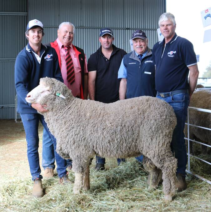 With the top priced Lewisdale-Corrigin ram were stud co-principal Luke Ledwith (left), Dudinin, Elders Merino classer/consultant Kevin Broad, Rockdale Farming Co livestock manager Dave Davis, Muntadgin, who bought the ram for $4200, Westcoast Livestock & Wool Corrigin representative Phil Barber and Matthew Ledwith, Lewisdale-Corrigin.