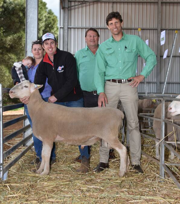 In the White Suffolk offering prices hit a high of $2000 for this sire which was purchased by Altek Farms, Muntadgin. With the ram were buyer Lizzi Kerse holding son Archie Davis, Kolindale co-principal Luke Ledwith, Nutrien Livestock Breeding representative Roy Addis and Nutrien Livestock, Wickepin agent Ty Miller.