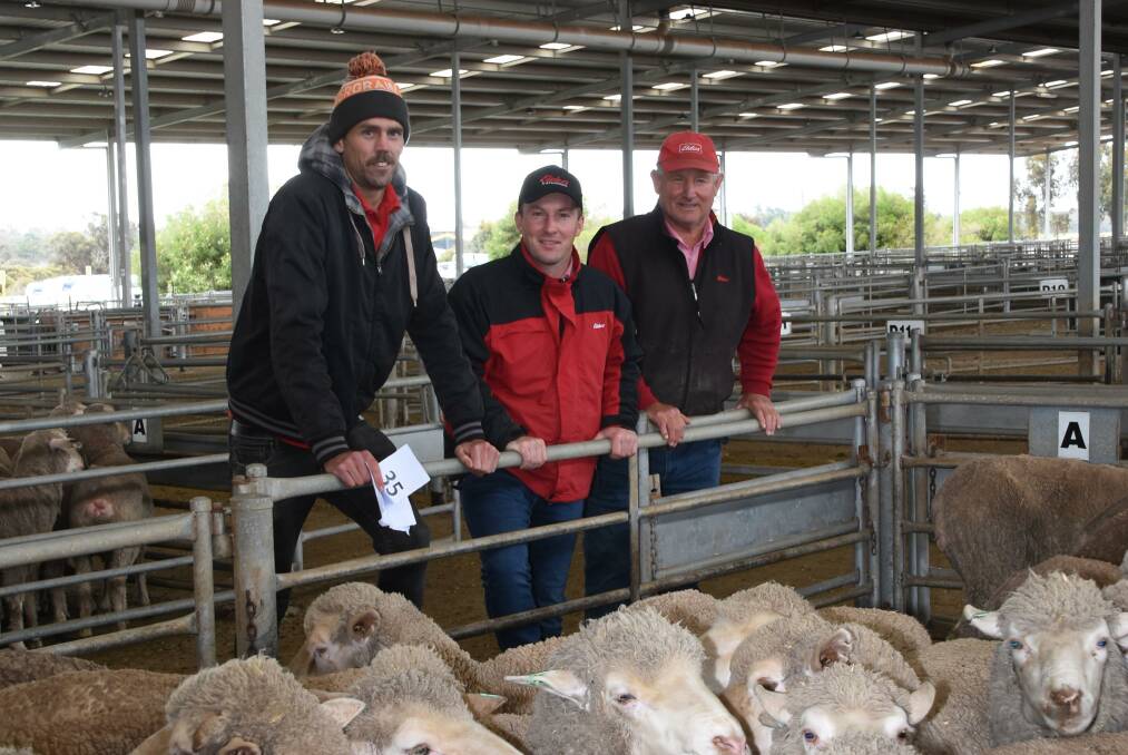 Jeremy Walker (left), Green Range, was the volume buyer in the sale purchasing five lines of ewes including two lines of ewes from Rockley Ridge, Woodnalling, which was dispersing its flock in the sale. He paid $154 for its 2.5yo ewes and $110 for its 4.5yo ewes. With Mr Walker after the sale were Elders auctioneer and Gnowangerup representative James Culleton and Elders Katanning agent and stud stock representative Russell McKay.