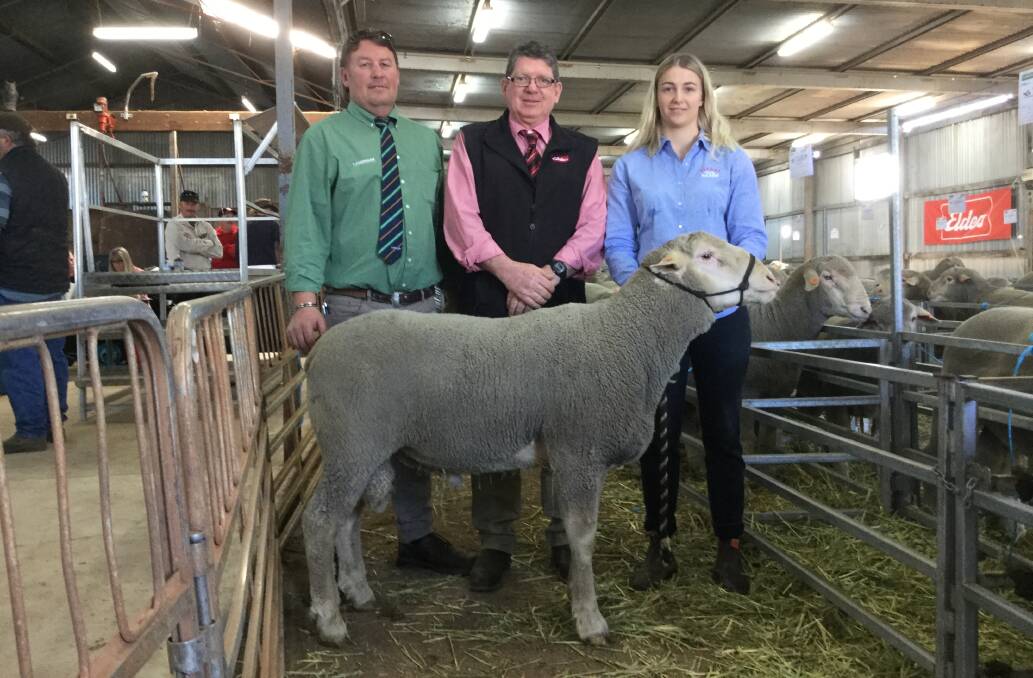 With the $3000 top-price ram at last week's Tiarri on-property Prime SAMM ram sale at Lake Grace which was purchased by the Squiers family, Shirlee Downs stud, Quairading, were Landmark Breeding representative Roy Addis (left), Elders prime lamb specialist Michael O'Neill, who purchased the ram for the Squiers family and Tiarri's Mia Gooch.