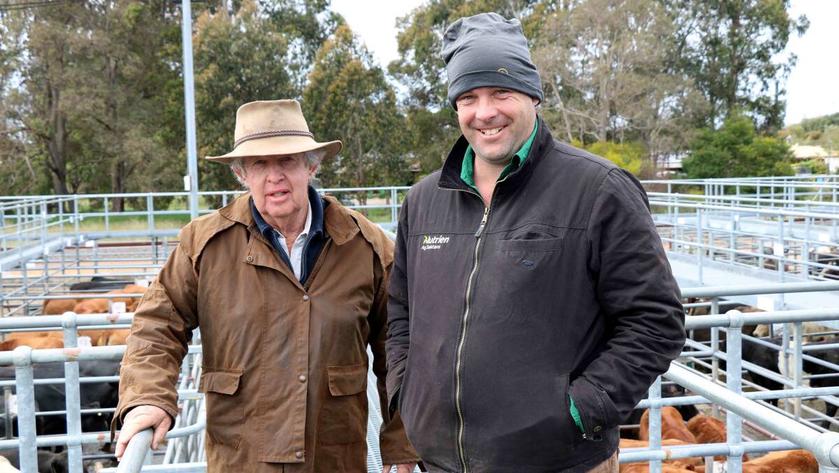 Peter Paterson (left), Williams, was at the Boyanup sale last week with Nutrien Livestock Williams agent Ben Kealy.