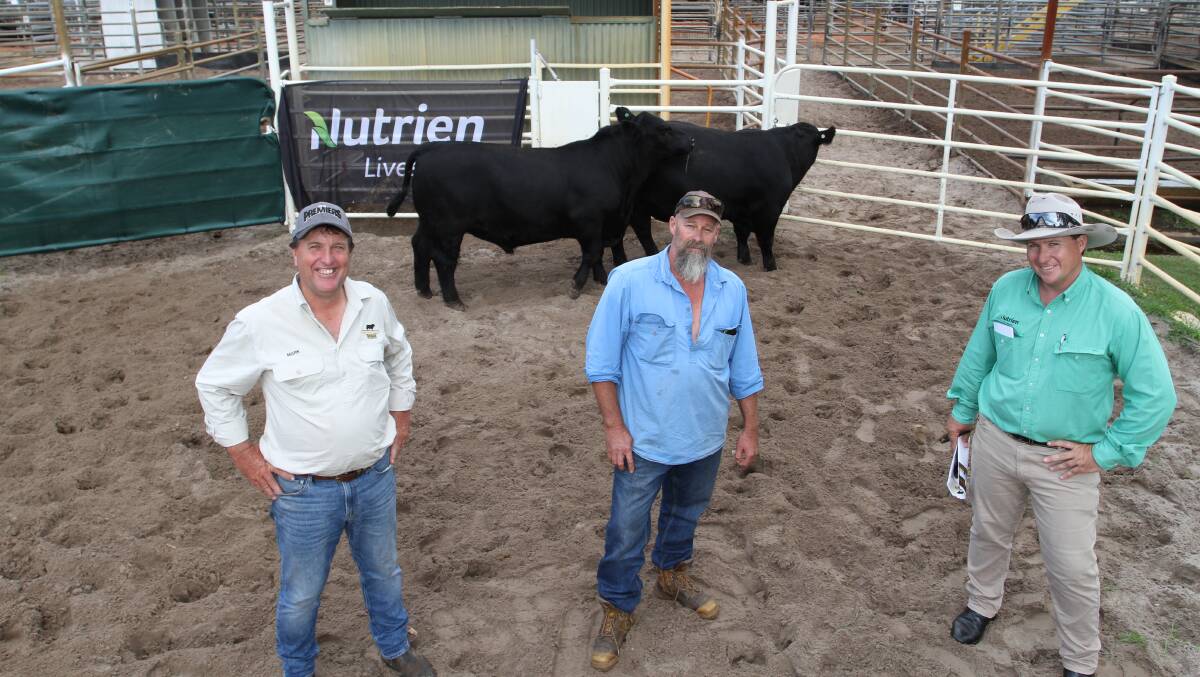 Mordallup stud principal Mark Muir (left), Manjimup, buyer Kevin Owen, Tomasi Grazing manager, Karridale and Nutrien Livestock Bridgetown agent Ben Cooper with the two Baldridge Beastmode B74 Sans purchased by Tomasi Grazing for $13,000 and $11,000.