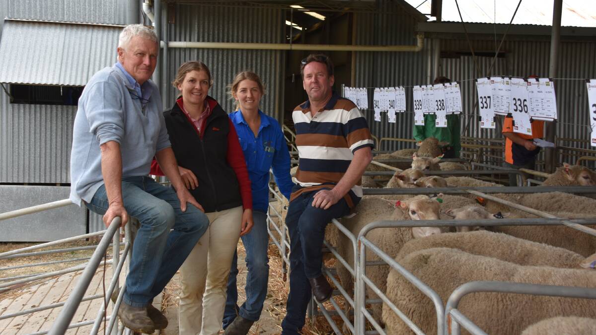  Catching up after last week's successful BreedersBest on-property ram sale were stud principal Craig Heggaton (left), Elders livestock trainee Clare Grainger, BreedersBest head stockperson Sophie Beasley and Bill O'Keeffe, Gnowangerup, who purchased 14 Prolific rams at a $1929 average and nine Poll Dorsets for a $2033 average.