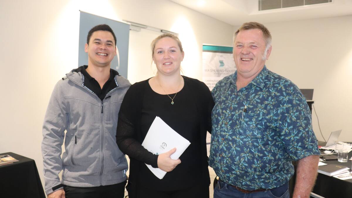 Family business, shearer Joe Dempster (left), Geraldton, his partner and wool handler Brenda Hipper and her father, Northampton shearing contractor and WASIA committee member Brian Hipper.