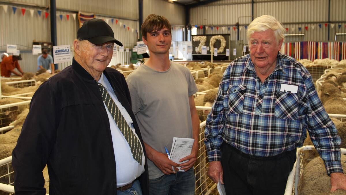 Lewisdale stud representative of 53 years John Sherlock (left) with long-time Lewisdale buyers Jared Nehme and Andrew Chisolm, AH Chisholm & Co, Needliup.