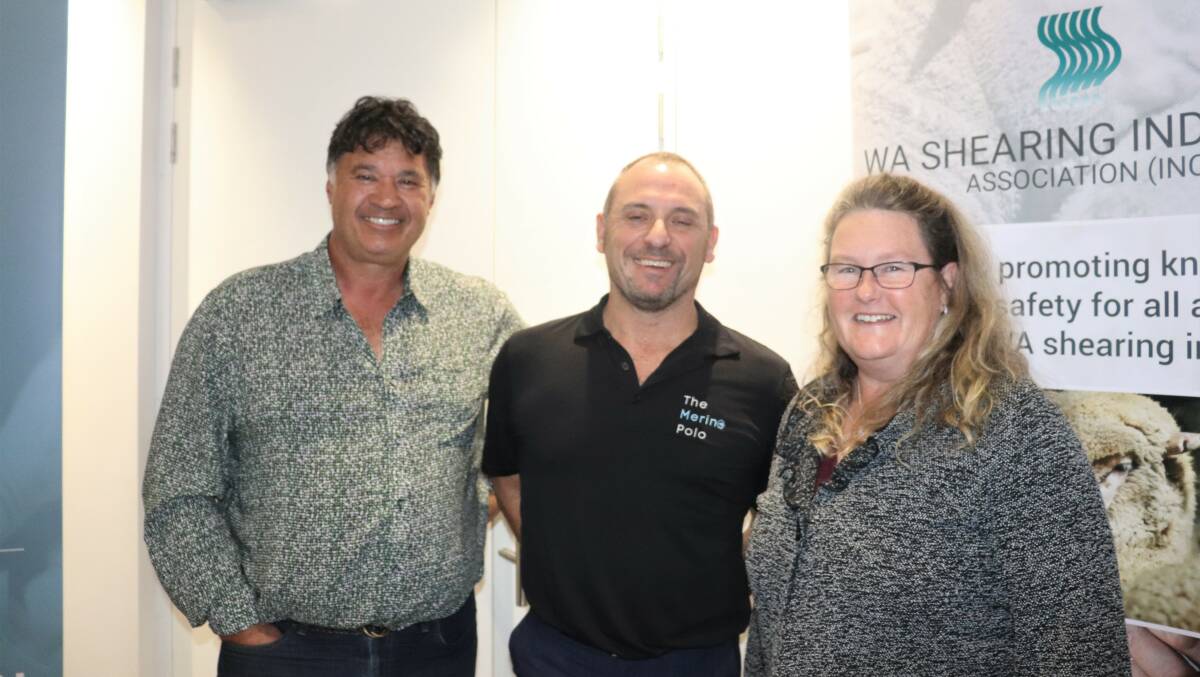  Dongara shearing contractor Mike Henderson (left), who was appointed WASIA vice-president at the annual meeting, Merino Polo Australian wool shirt producer, wool buyer and guest speaker Steve Noa and Tania Spencer, wife of WASIA president and Lake Grace shearing contractor Darren Spencer.