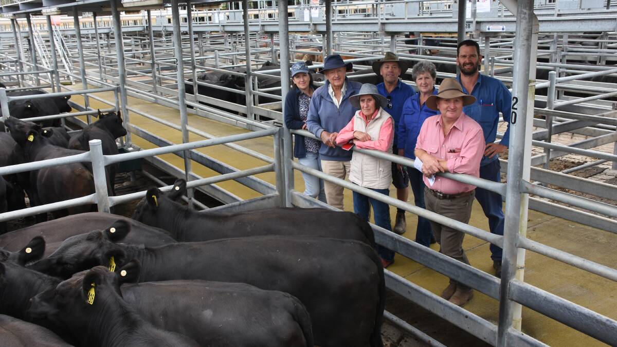 The Davy family, G & M Davy, Albany, were not only one of the major vendors in the sale selling 50 PTIC Angus heifers, they also recorded the top heifer price of $3300 outside the charity offering for three pens. With two of their $3300 top-priced pens were Michelle Davy (left) with parents and vendors Geoff and Margaret and brother-in-law and sister Les and Anna Wolfe alongside Elders, Albany agent Nigel Hawke and buyer of the two pens Joshua Mead, Castleview Farm, Porongurup.