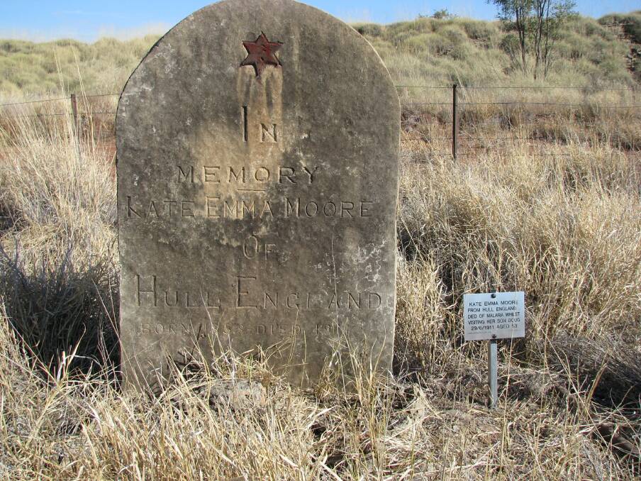 Kate Emma Moore's son Doug carved this headstone in honour of his mother after she died in 1911 from malaria on Ord River station where she was visiting him from England.