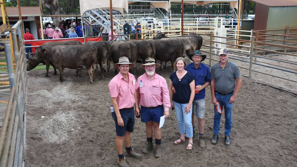 Prices hit a record high of $3800 for this line of eight Murray Grey-Friesian heifers offered by the Roberts family, KS & EN Roberts & Son, Elgin, at last week's 30th Elders Boyanup Supreme Springing Heifer Sale. With the pen are Elders, Boyanup representative Alex Roberts (left), Elders, Capel representative Rob Gibbings, vendors Loretta and Michael Roberts and buyer Rick Weight, FH Weight & Co, Youngs Siding.