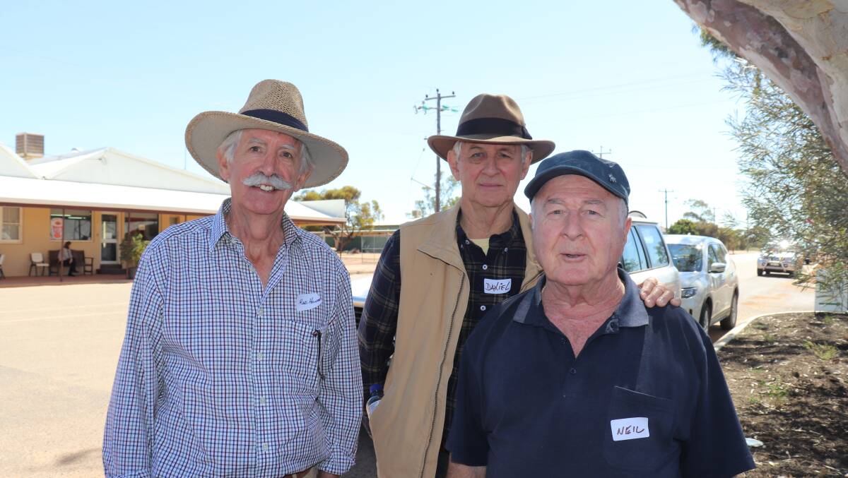 Retired Gnowangerup farmer Rod House (left), with Daniel Dowsett and Neil McKinnon who drove up from Perth.