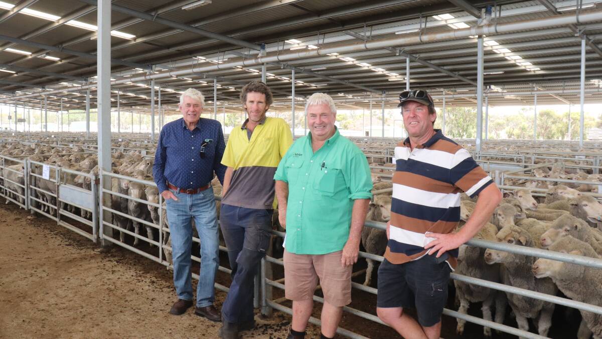 Vendors Des (left) and Wayne Shackley, Woodanilling, Nutrien Livestock, Gnowangerup agent Mike Moore and buyer Bill O'Keeffe, Gnowangerup. Mr O'Keeffe purchased 832 August shorn, Collinsville blood, 5.5yo ewes from the Shackleys at $185.