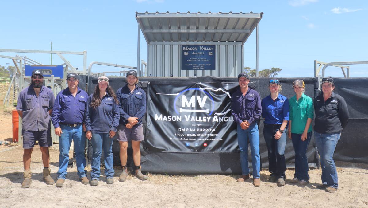 It was all smiles from the Mason Valley stud team members Travis Labianca (left), stud co-principal Darren Burrow, Lara Burrow, Mitchell Anderson, Connor Burrow, Bree Skinner, Ella Smith and stud co-principal Narelle Burrow after a successful sale on Monday.