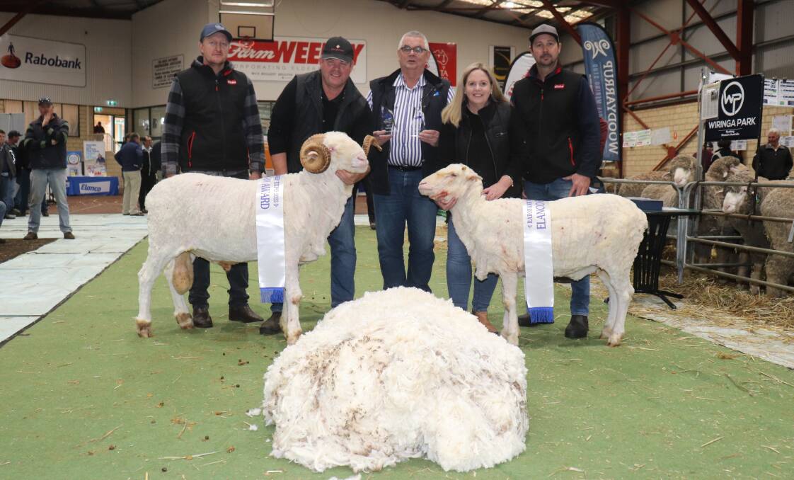 The PROram and PROewe titles were won by Rangeview stud, Darkan, held by Rangeviews Jeremy and Melinda King, with judges Wes Lavender (left), Williams, and Shaun Counsel (right), Williams, along with the competition sponsor representative Elancos David Howie.