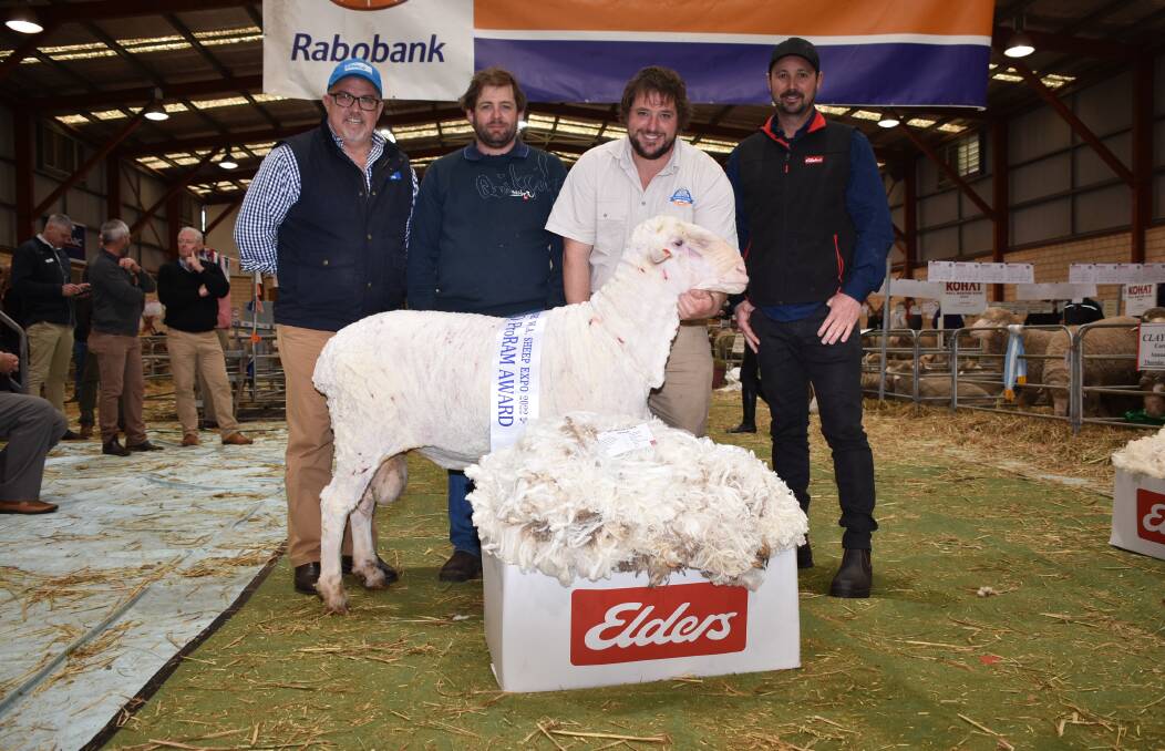 The PROram title was won by this ram exhibited by the Seymour Park stud, Highbury. With the winning ram were sponsor representative Elanco's Paul Dugan (left), Seymour Parks Sheldon and Clinton Blight and competition judge Shaun Counsel, Warrening Gully, Williams.