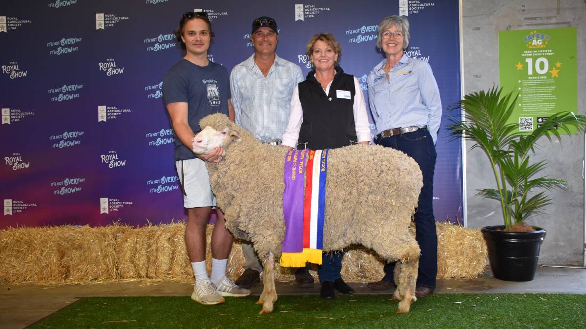 The junior champion ewe was exhibited by the Belka Valley stud, Bruce Rock. With the ewe which was also sashed the grand champion unhoused/unrugged ewe were Belka Valleys Mitch (left), Phil and Robyn Jones and sponsor of the junior champion ewe Sussan Ogle, Allflex-Coopers.
