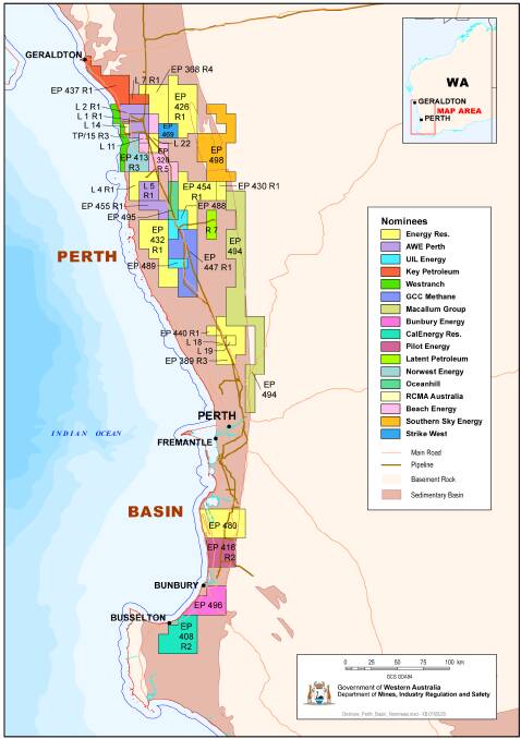 A map showing the mixture of gas and oil projects in the Perth Basin. Exploration permits are designated by the prefix EP or TP while production licences are designated by the prefix L. Fifteen operators are activelyexploring for oil and gas in 23 exploration permits in the Perth Basin. Map provided by the Department of Mines, Industry Regulation and Safety.