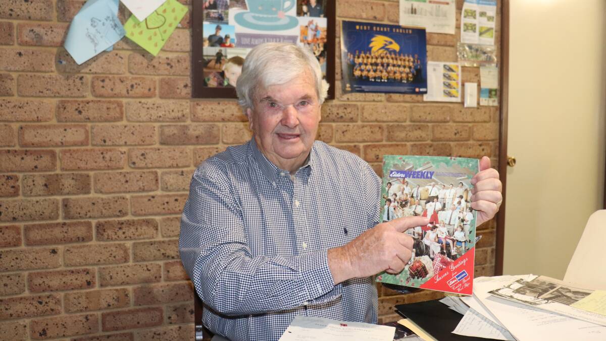 Retired wool broker and auctioneer Terry Winfield with a 1984 copy of Elders Weekly featuring him dressed as Father Christmas on the front page. He was Elders' State wool manager at the time, after starting with the company in 1962 as an office boy. Mr Winfield spent 59 years in the wool industry, including with Primaries of WA and with Nutrien Ag Solutions. He retired from full-time work in October but still auctions wool on contract part-time at the Western Wool Centre.