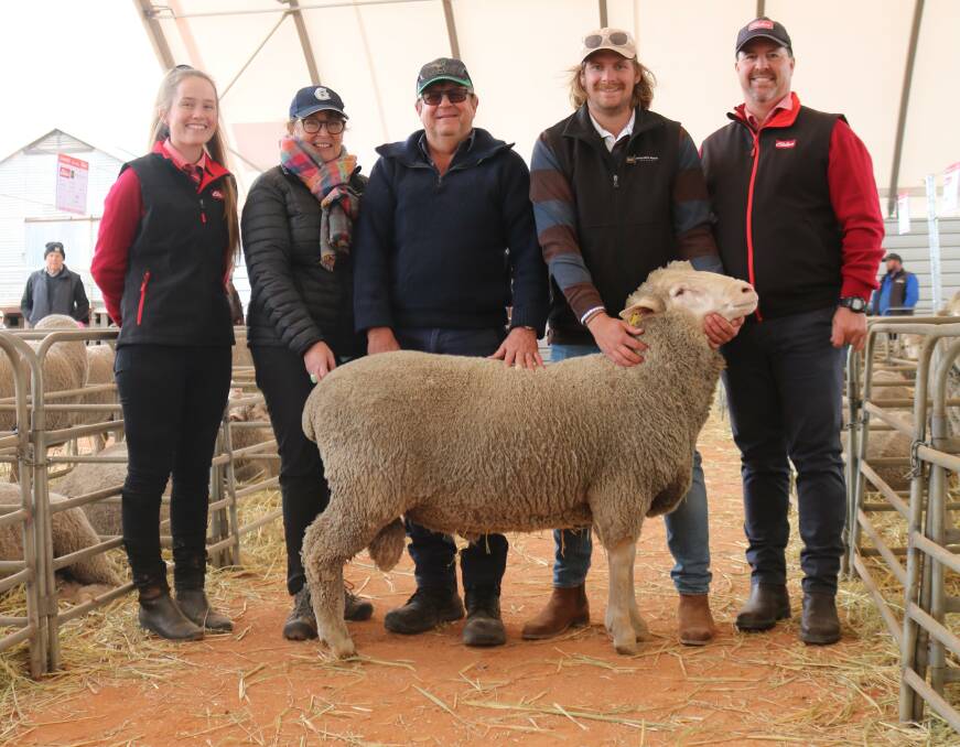 Elders stud stock trainee Lauren Rayner (left), top-priced buyers Angela and Graeme Sims, Beverley, Mollerin Rock Dohne stud principal, Mitch Applegate, Cadoux and Elders stud stock representative and Mollerin Rock classer, Nathan King, with the $3400 top-priced ram at the sale.