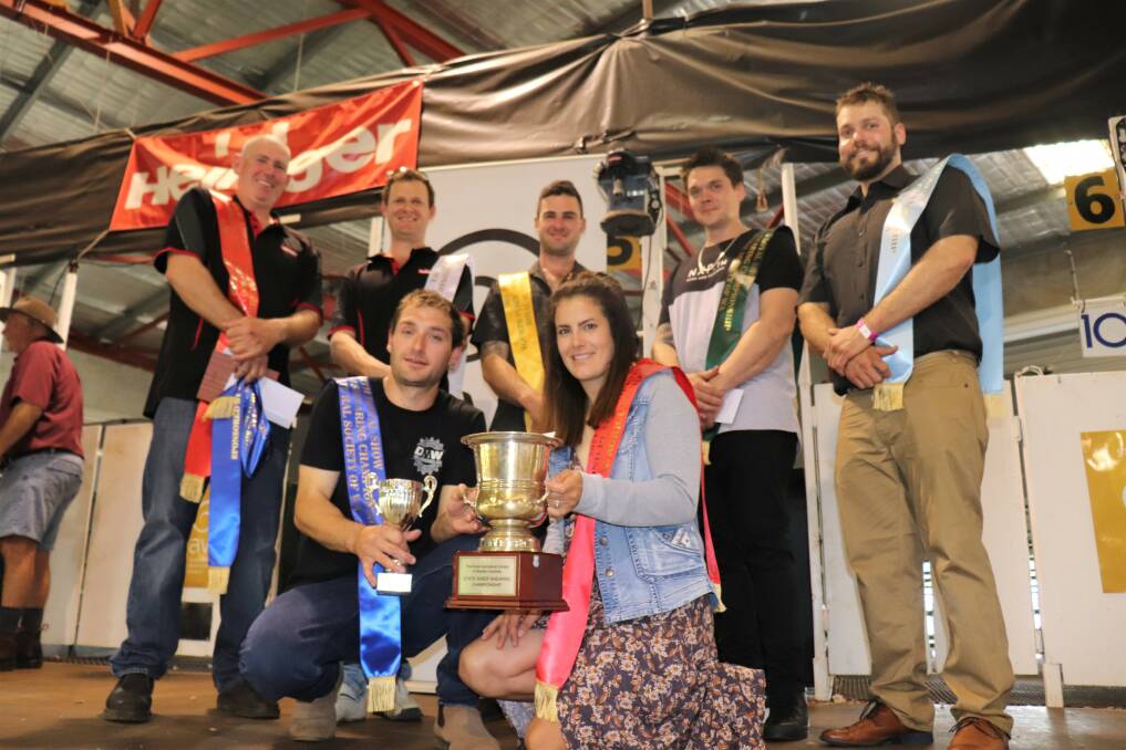 Perth Royal Show 2021 open shearing competition winner Luke Harding (front with trophies) and woolhandler wife Jess with placegetters, Damien Boyle (left), second, Callum O'Brien, third, Tom Reed, fourth, Robert Mauchline, fifth and Richard Sturis, sixth.
