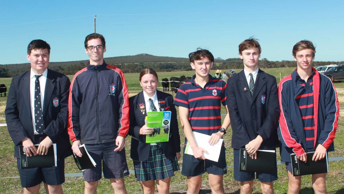 Great Southern Grammar students Damon Parnell (left) , Gnowangerup, Samuel Webb, Albany, Jodie Taylor, Albany, James Lee, Carnarvon, Austin Cook, Kulin and Brett Hooper, Ongerup, were interested onlookers at the Lawsons Angus bull sale.