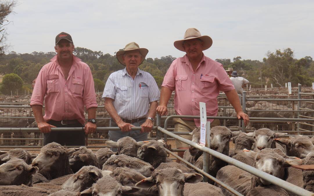Elders Kojonup agent Jamie Hart (left), vendor Ray Baxter, Nullawil Traders, Woodanilling and Elders Katanning agent Russell McKay with the second top price line of 1.5yo ewes that sold for $174.