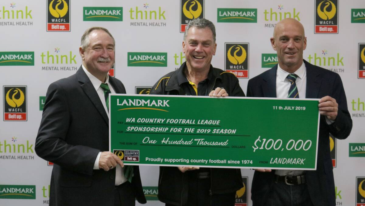  Landmark regional key account manager Steve Wright (left) and general manager southern Justin Lynn (right) present a $100,000 sponsorship cheque to WACFL president John Shadbolt.