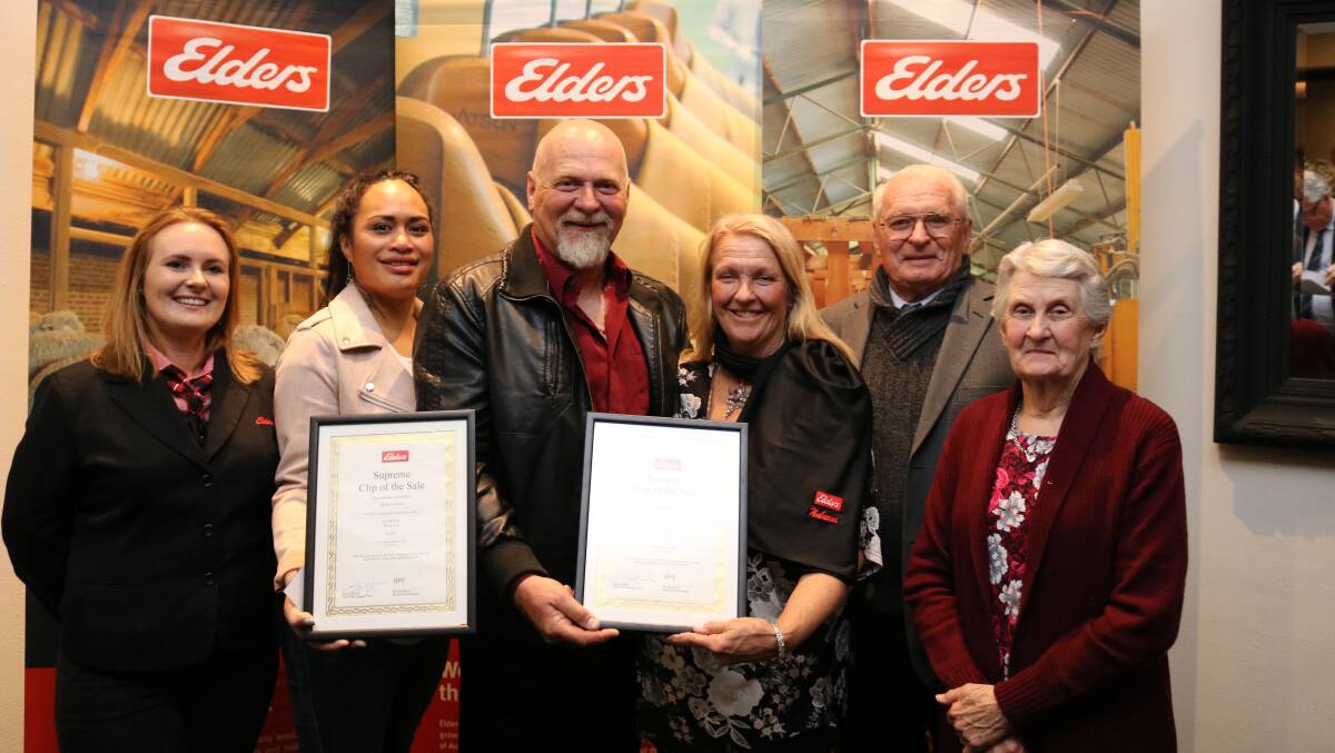 The Gors family, Dandaragan, was awarded the Supreme Clip of the Sale award for sale F17. Celebrating the family's win were Elders district wool manager Breanna Hayes (left), the clip's classer Aroha Rewi, York and Clifton, Susan, David and Beryl Gors.
