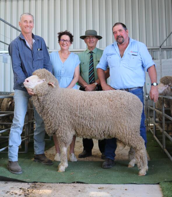 With the $10,000 top-priced ram were buyers Roger (left) and Joanne Nankivell, Condingup, Landmark Brindley & Chatley auctioneer Neil Brindley and Derella Downs and Pyramid Poll stud co-principal Scott Pickering.