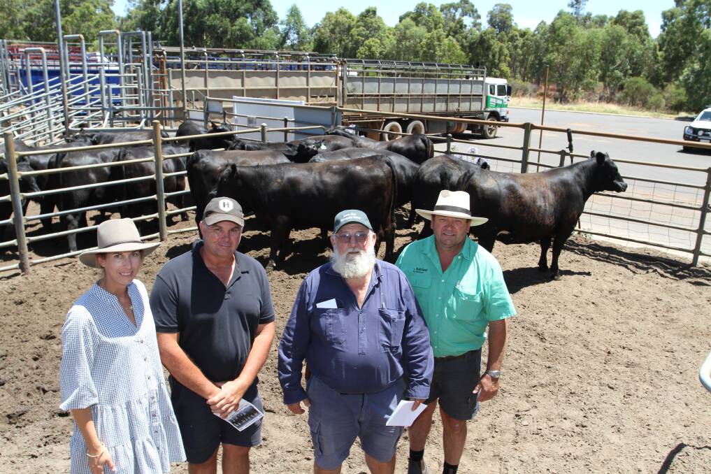 With the equal $4100 national record top price PTIC commercial Angus heifers were vendors Peta-Jane (left) and Mark Harris, Treeton Lake, Cowaramup, buyer George Nicolaou, G & K Nicolaou & Son, Manjimup and Brett Chatley, Nutrien Livestock Manjimup. The seven heifers are due to calve to Angus bulls from March 1 to May 12.