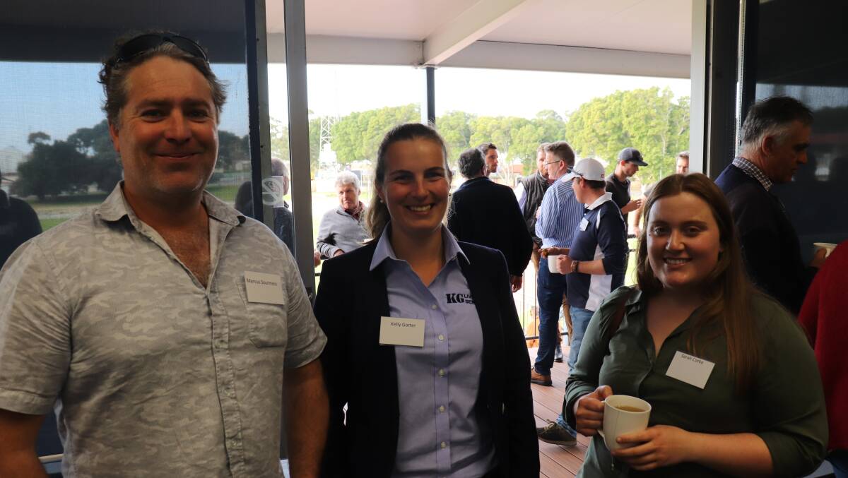 Marcus Sounness (left), Borden, was with Kelly Gorter, KG Livestock Services, Wagin and Sarah Corke, Yealering, at the Stock Con conference.