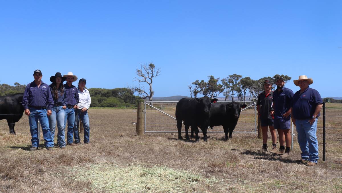With the $12,000 top price bull, Mason Valley 38 Special T65, and $11,000 second top price sire, Mason Valley 38 Special T34 was the Mason Valley team, Darren (left), Lara, Connor and Narelle Burrow, with buyers, Trent and Cam James, Stockdale Enterprises, Hyden and top price sponsor and Zoetis representative Ben Fletcher (right).