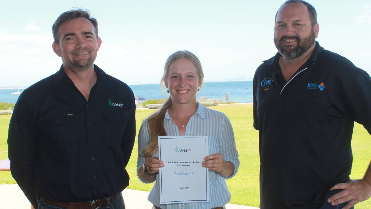  Viridis Ag human resources manager Simon Habgood (left) and Farm & General Esperance general manager Greg Prosser congratulate Inaya Stone on receiving one of the three Rob Ashman Memorial Scholarships presented at last week's SEPWA Harvest Review. Riley Curnow, Esperance and Sophie Daw, Ravensthorpe, were the other two recipients.