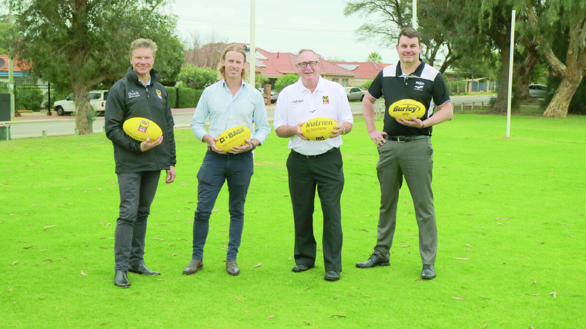 WAFC executive manager of country football and facilities, Tom Bottrell (left), BASF senior Western Australia area sales manager Murray McCartney, Nutrien Ag Solutions key account manager Steve Wright and Glen Metherell, Burley, at the announcement of the new sponsorship deal.