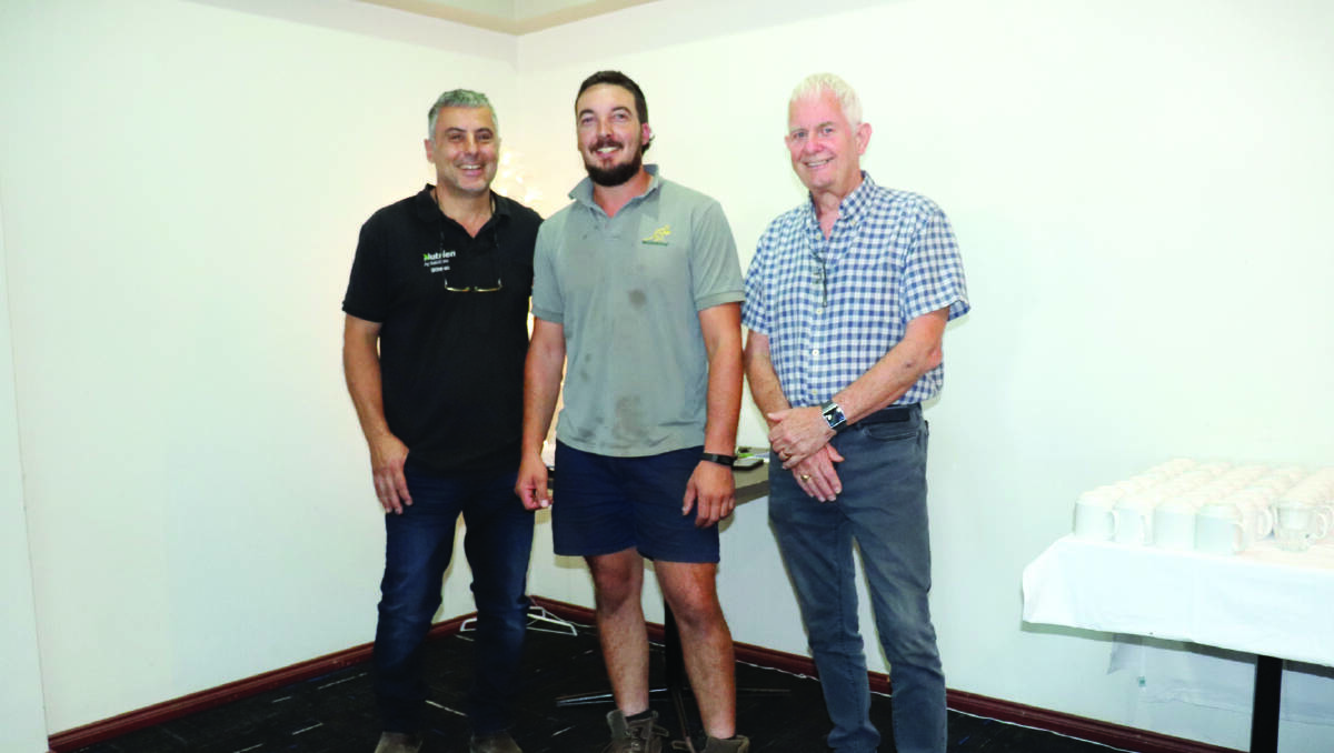 Runner-up in category two of the hay competition was Michael Angi (centre), All Round Farming, Waroona, pictured with Dominic Pinzone (left), Waroona Rural Services and Will Haasse, Australian Baling Supplies.