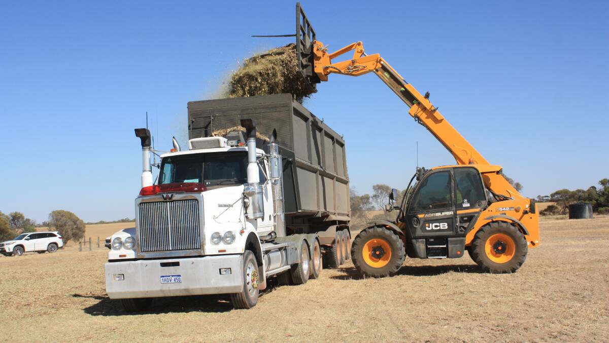 The seven metre lift height proves its worth as a bucket load is discharged into a waiting truck.
