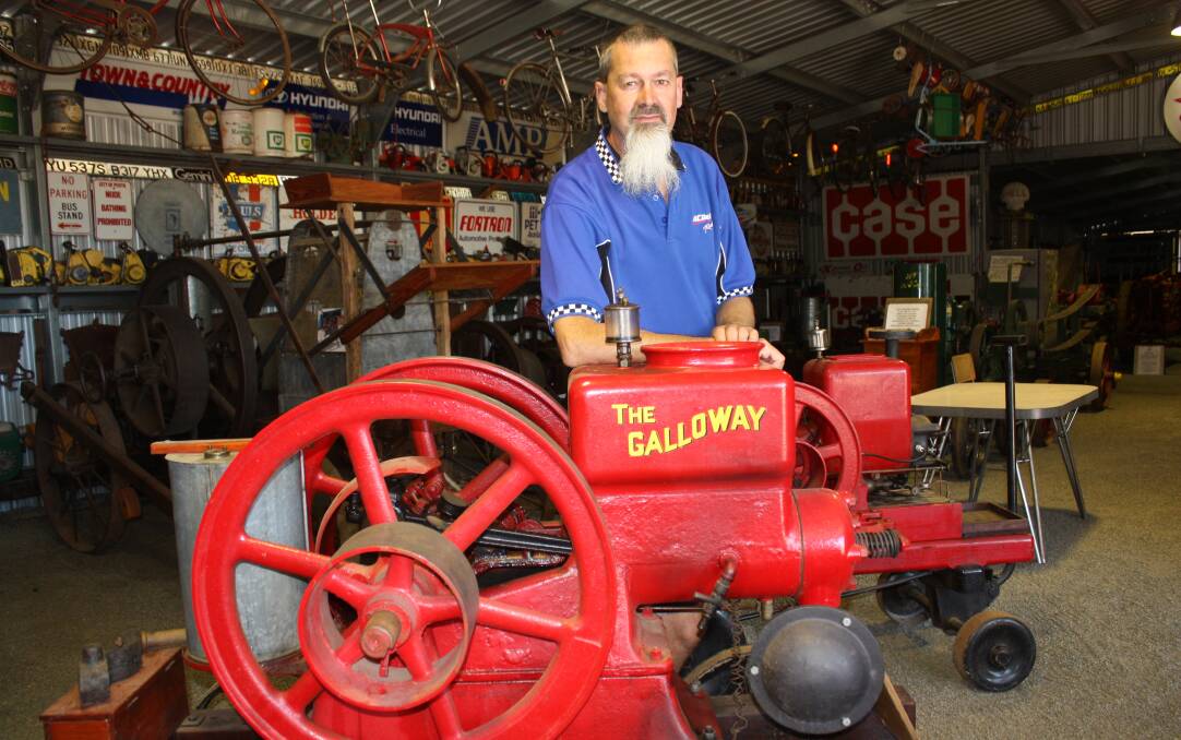 This Galloway stationary engine (circa 1920s), took Chester 12 months "working on and off" to restore to working order. He found it half buried on a Tincurrin farm.