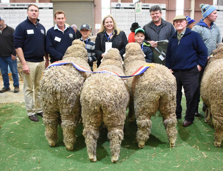 The Rangeview stud, Darkan, came out on top in the prestigious August shorn group class for one ram and two ewes with this Poll Merino group. With the winning group were judges Matt Ashby (left), Ashrose stud, Gulnare, South Australia, Mathew Coddington, Roseville Park stud, Dubbo, NSW, Rangeview stud principals Melinda and Jeremy King and nephews Sam and Jack Frost, Laggan, NSW and Bob Rollinson, Concordia stud, Mysia, Victoria, who presented the ribbon.
