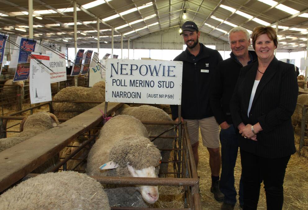Narrogin Long Wool Day sponsor Trent Pettit (left), CSBP Narrogin-Wickepin, caught up with clients Cameron and Lisa White, Nepowie stud, Nomans Lake.