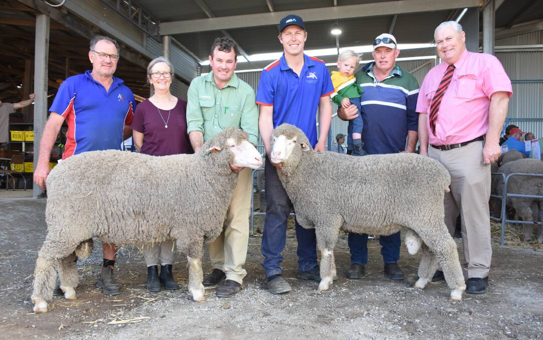 With the $10,750 top-priced and $7500 second top-priced rams purchased by the Cardiff stud, Yorkrakine, at Kamballie on-property ram sale at Tammin were buyers Quentin (left) and Di Davies, Cardiff stud, Landmark Breeding representative Mitchell Crosby, Kamballie's Curtis Mackin, Kamballie principal Shayne Mackin and his grandson Darcy and Elders stud stock representative Kevin Broad.
