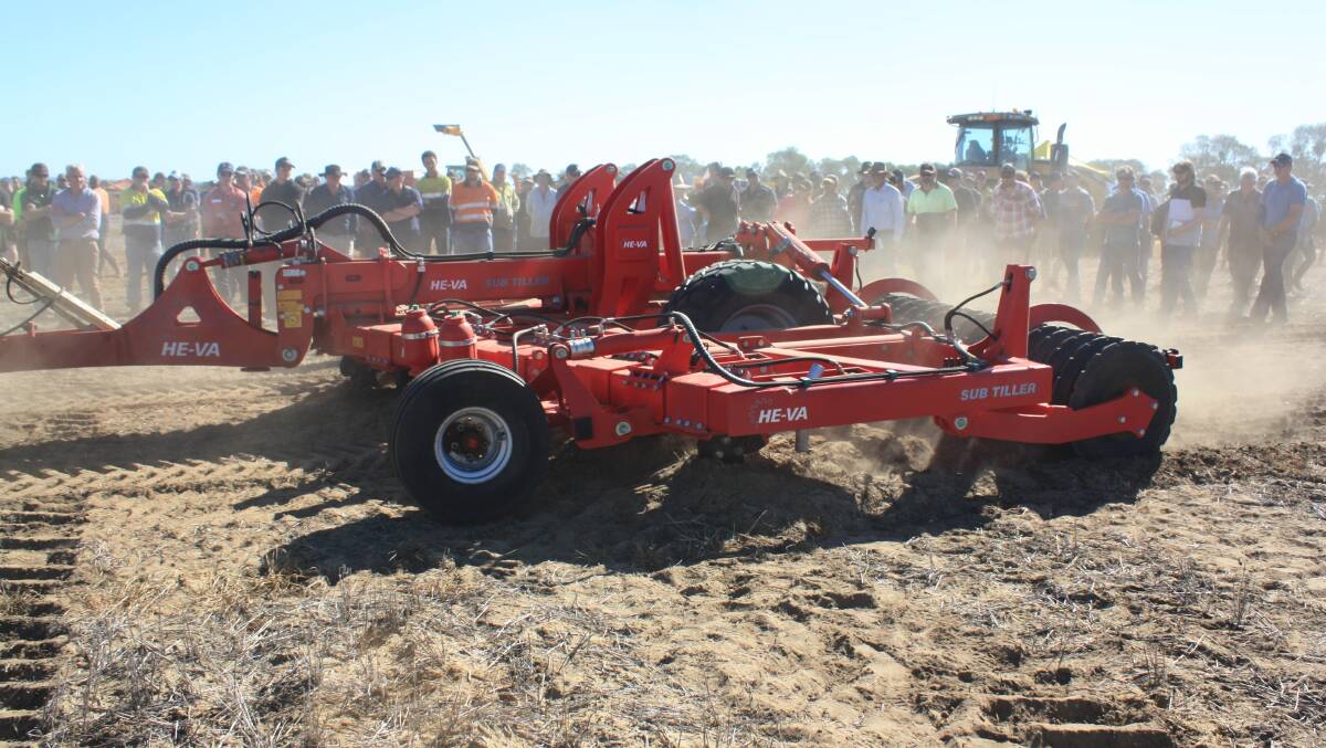 A Danish-made HE-VA sub tiller in action. It was announced before the demonstration that Burando Hill had been appointed dealers for the new machine. The company was founded in 1977 and it boasts of a wide range of products from sub-soilers, packers, seed drills and accessories.