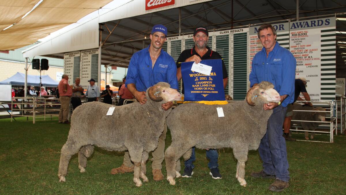 Class sponsor Todd Bein (centre), Country Wide Insurance Brokers, awarded Wililoo stud principals Rick (left) and Clinton Wise, Woodanilling, the sash and prize for the champion pair of rams.